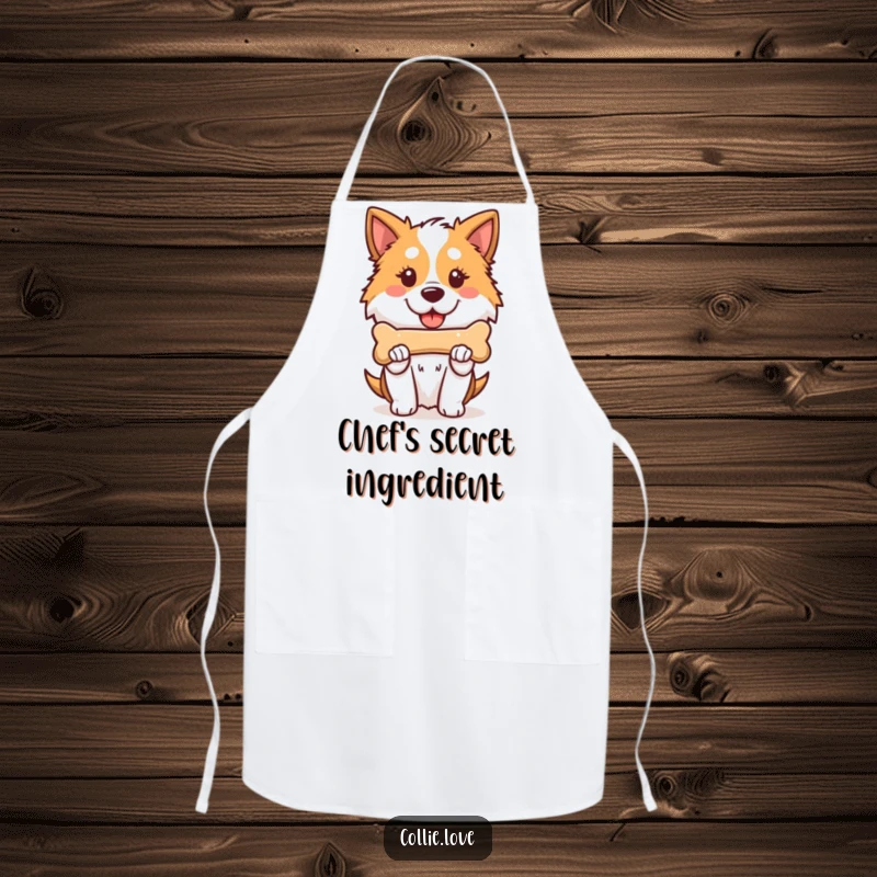 Funny Kawaii Collie Apron, a proud dog serving as a chef holding a bone, perfect for cooking.