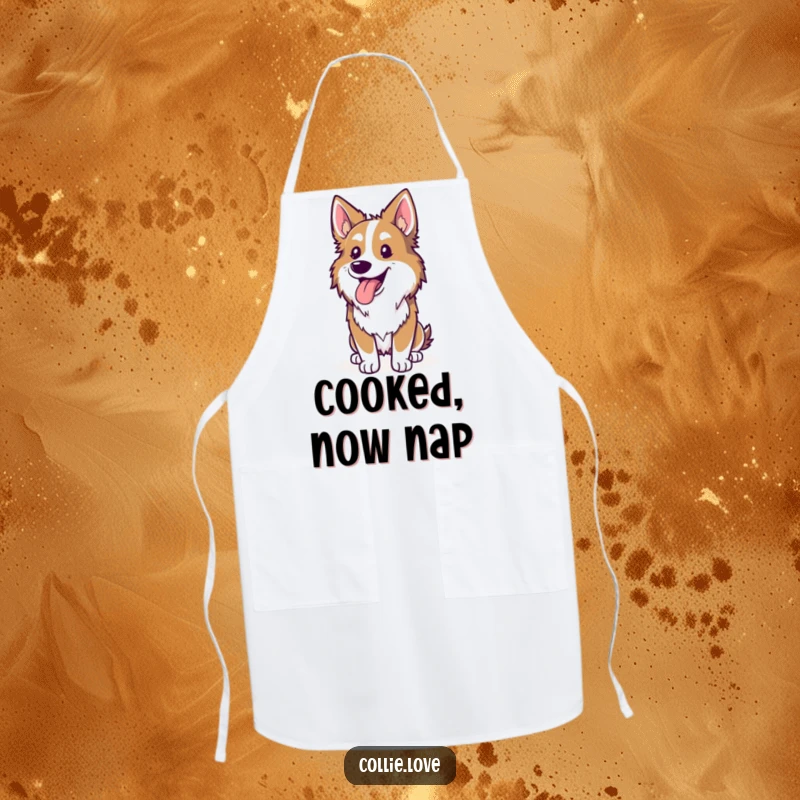 Funny Collie apron, tongue lolling out, happily panting after a run, a hilarious kitchen accessory for dog lovers, great funny gift.