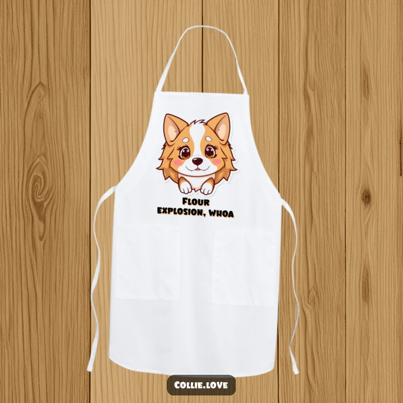 Funny Kawaii Collie Apron, a surprised dog with droopy ears, ideal for cooking and baking.