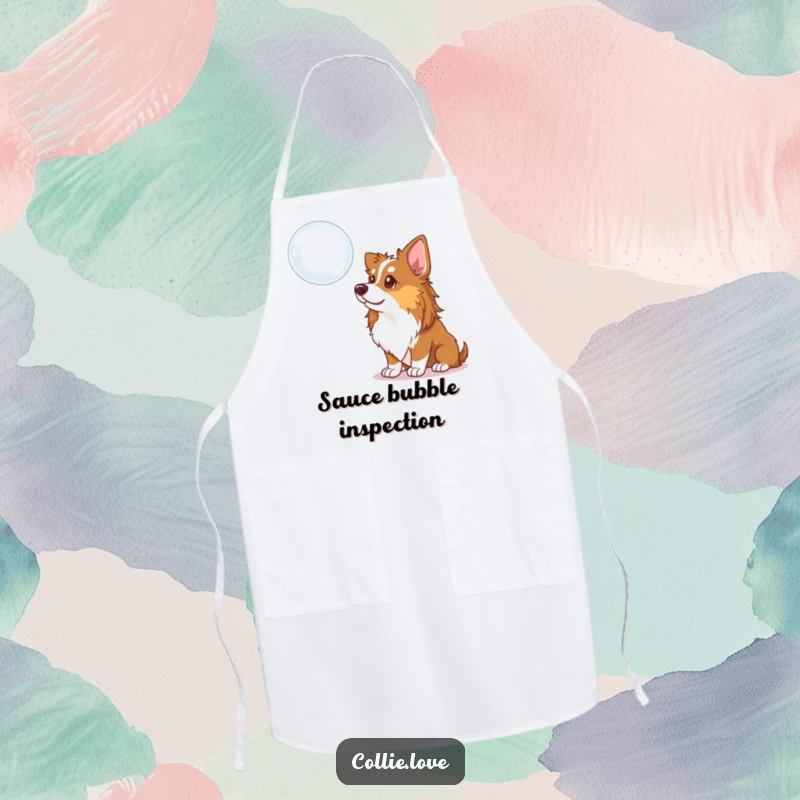 Funny Collie Dog Apron: A curious Collie tilting its head at a floating bubble, bringing humor and charm to kitchen attire.