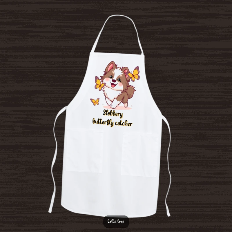 Funny Collie Dog Apron: A fluffy Collie's joyous pursuit of a butterfly, adding a humorous and charming touch to kitchen wear.