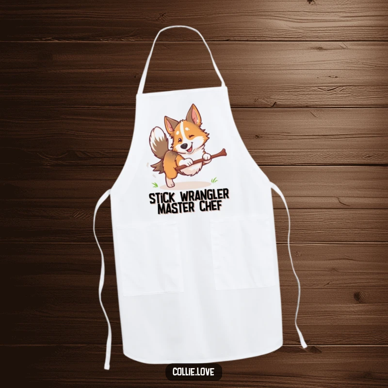 Funny Collie dog apron, tail wagging, holding a stick, ready for action, adding humor to any culinary task.