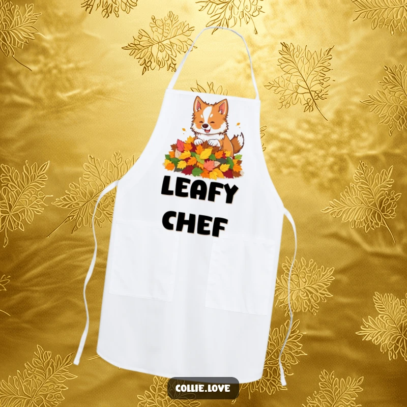 Funny kitchen apron with a Collie dog playfully nudging a pile of colorful autumn leaves.