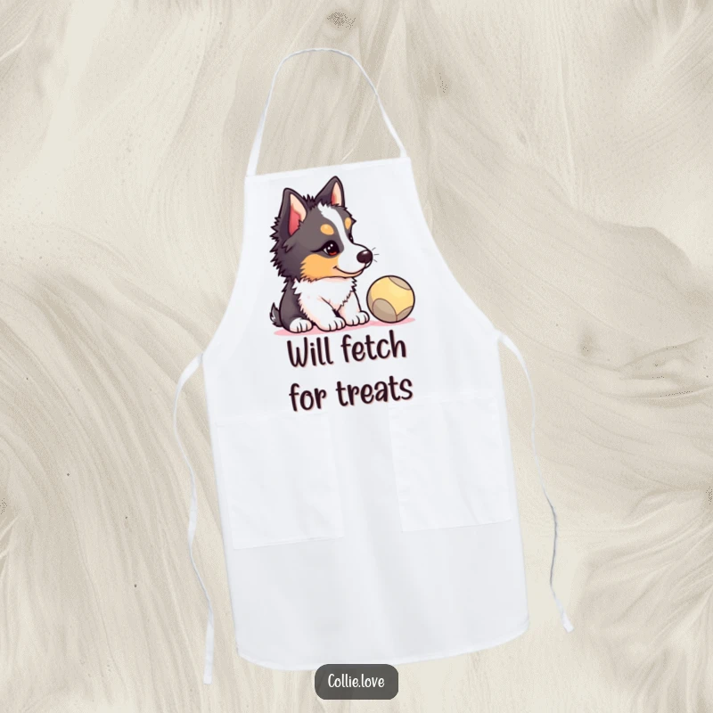 Funny Collie puppy apron, head tilted, eyes intensely watching a ball, a hilarious kitchen accessory for dog lovers, great funny gift.