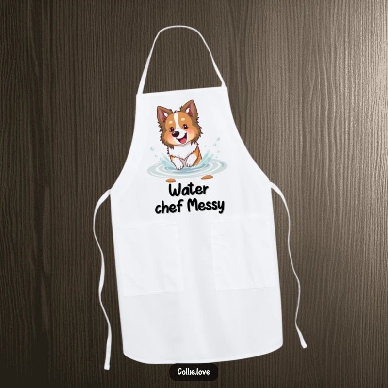 Funny Collie dog apron, happily splashing in a shallow stream with delight, ready for kitchen fun with a watery twist.