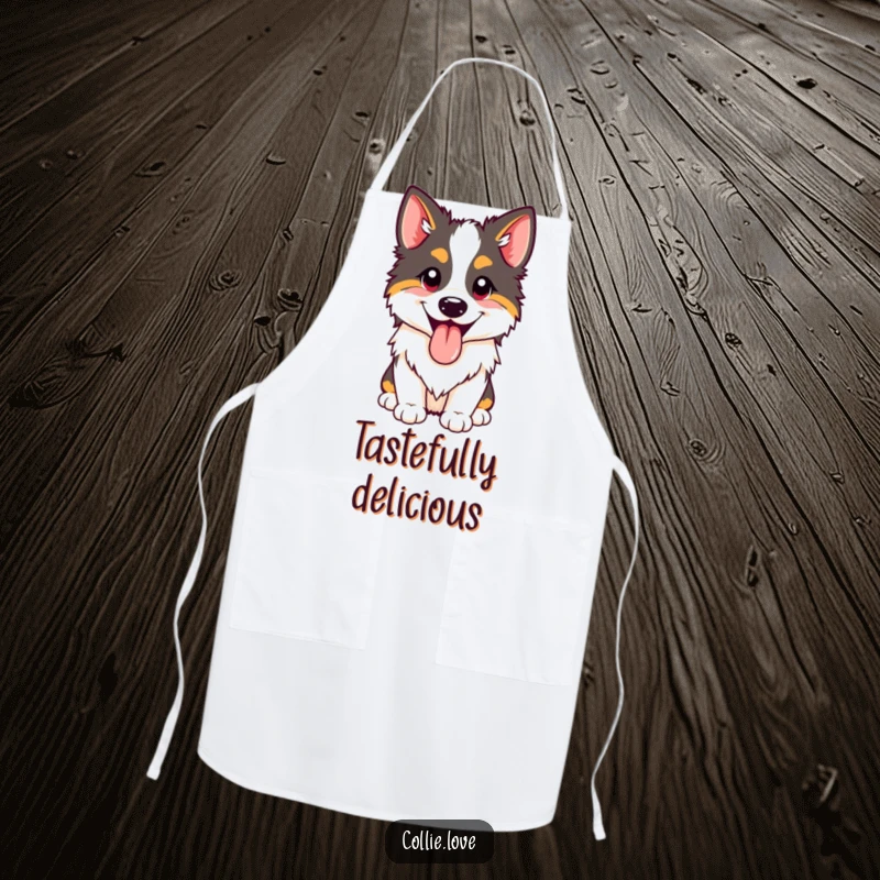 Funny happy Collie panting apron with its tongue out, for cooking fun. Useful funny gift.