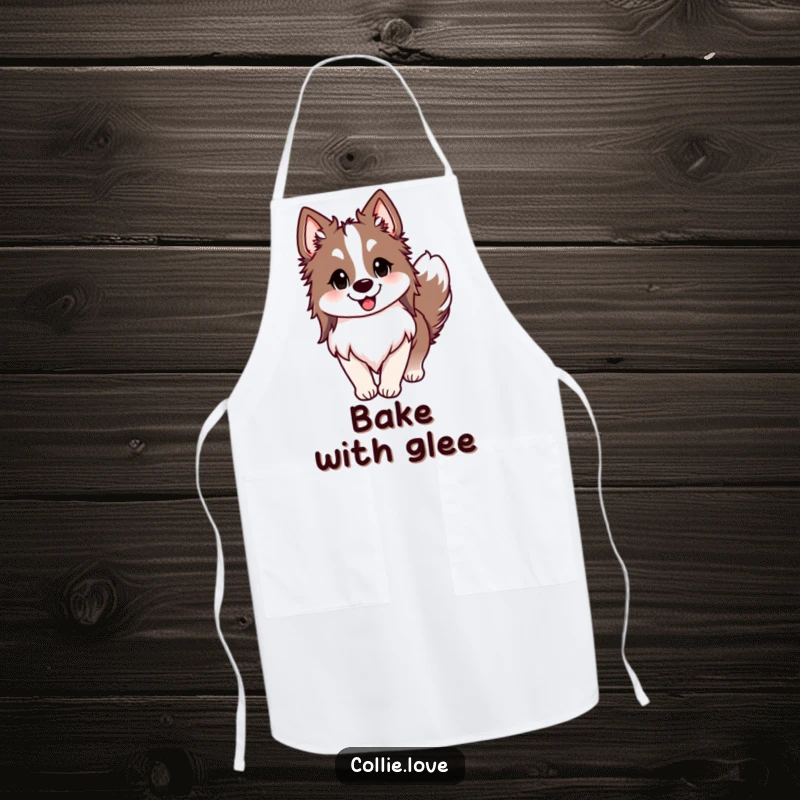 Funny Collie apron, ears perked, tail wagging enthusiastically, and a big smile, a hilarious kitchen accessory for dog lovers, great funny gift.