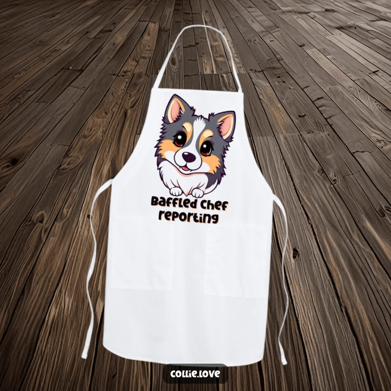 Funny Kawaii Collie Apron showing a dog with an inquisitive head tilt, ideal for cooking and kitchen fun.
