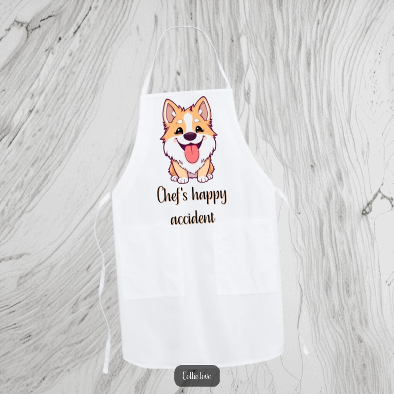 Funny Kawaii Collie Apron with a dog’s silly grin and lolling tongue, perfect for kitchen fun and cooking.