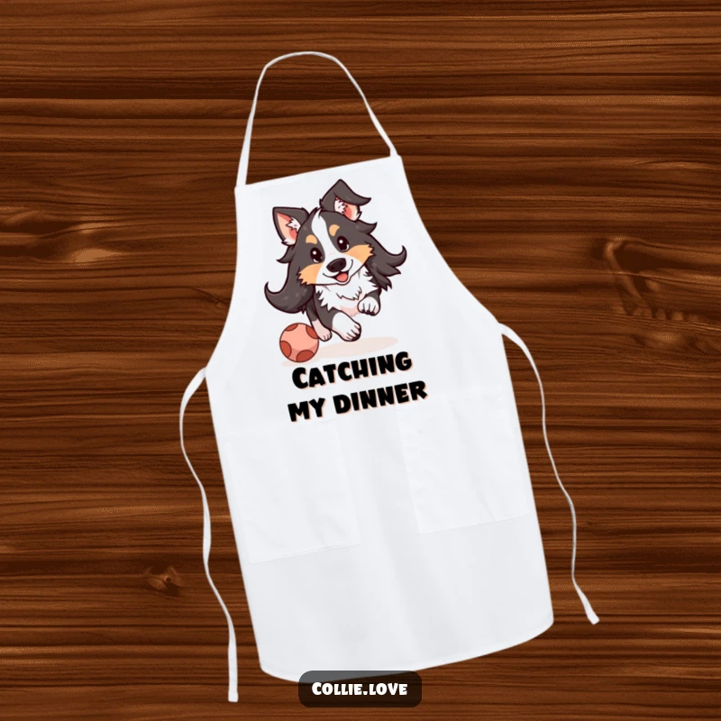 Funny Kawaii Collie apron showing a cute floppy-eared dog in a playful chase after a ball, great for kitchen activities.