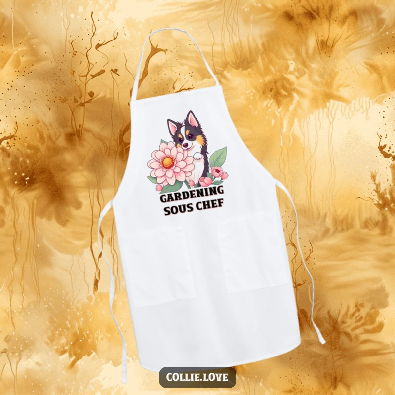 Funny Collie flower peek apron, featuring a dog peeking around a big flower. Kitchen humor funny gift.