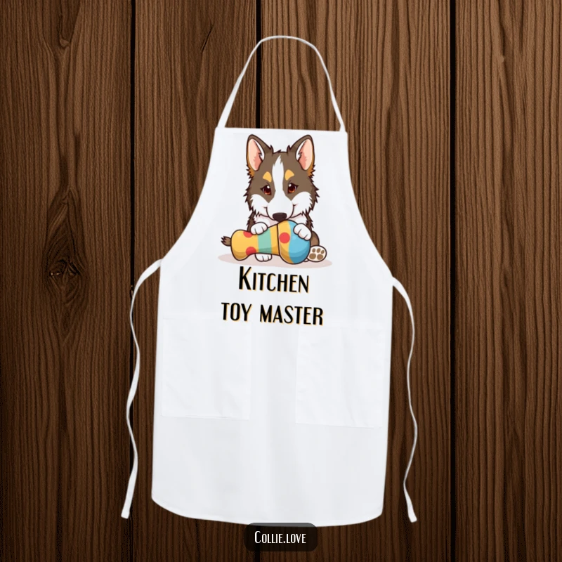 Funny Collie apron, playfully nudging a bright dog toy with its nose, a hilarious kitchen accessory for dog lovers, great funny gift.