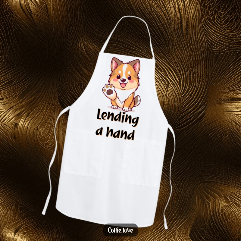 Funny Kawaii Collie Apron, a dog offering its paw with a smile, great for cooking.
