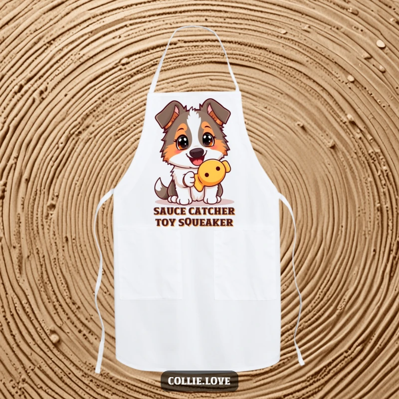 Funny Collie dog apron, offering a squeaky toy with an eager gaze, ready for kitchen fun with canine charm.
