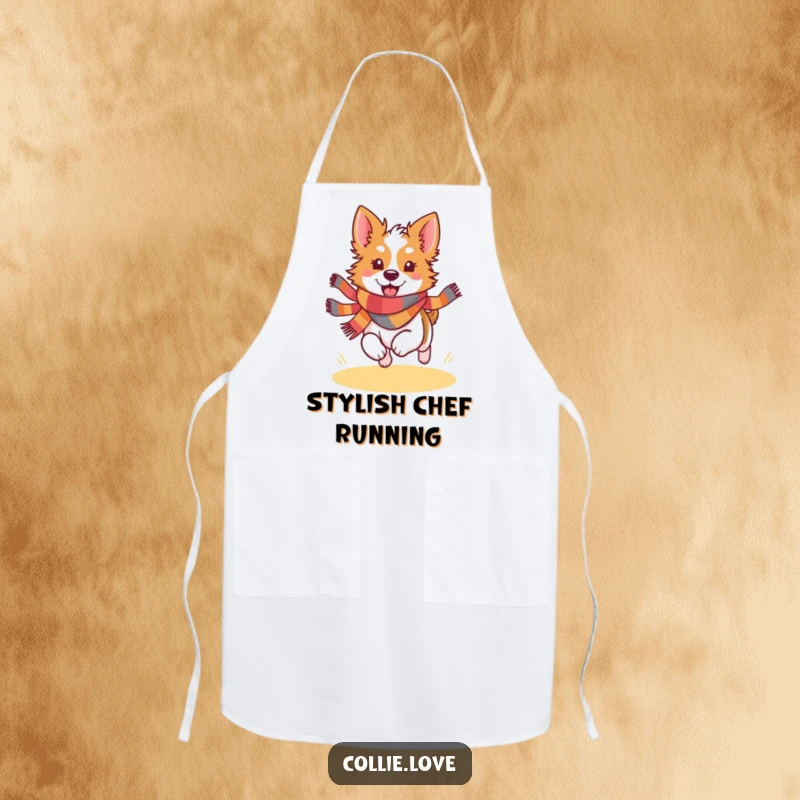 Funny Kawaii Collie apron with a joyful dog wearing a colorful scarf, ready for cooking or baking adventures.