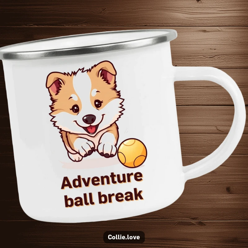 Funny Collie Puppy Camping Mug: A Kawaii Collie puppy chases a bouncing ball, ready for outdoor brews.