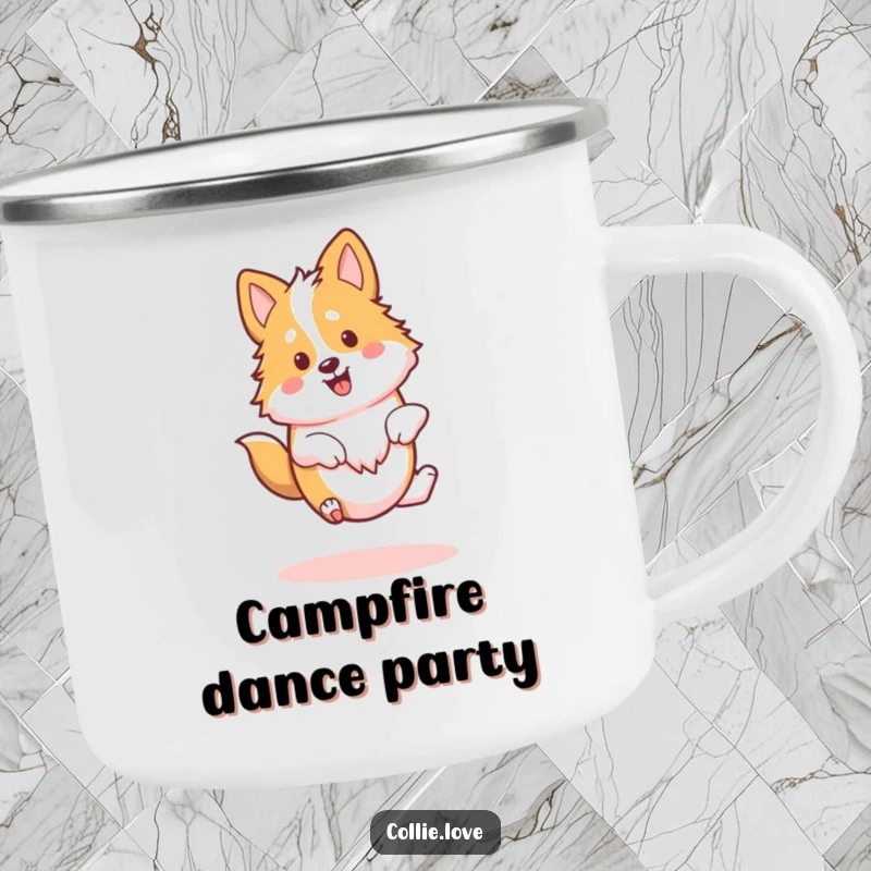 Funny Kawaii Collie Camping Mug, a dog doing a happy spin, great for outdoor use.