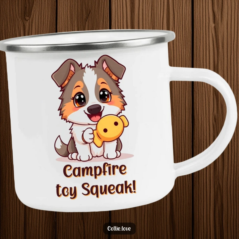 Funny Collie dog camping mug, offering a squeaky toy with an eager gaze, ready for adventure and outdoor play.