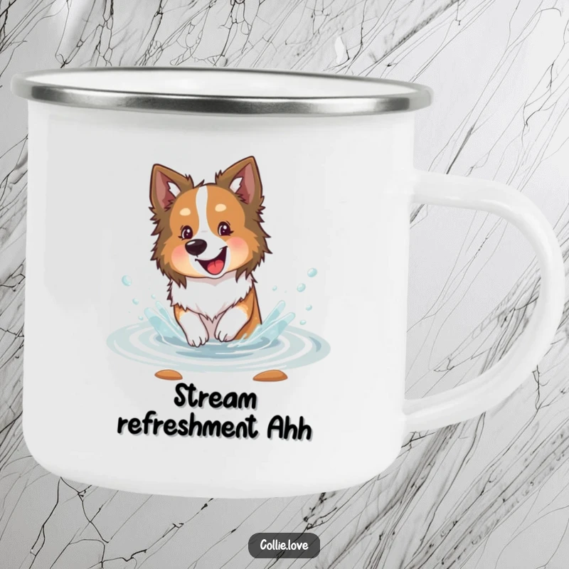Funny Collie dog camping mug, happily splashing in a shallow stream with delight, ready for outdoor water adventures.