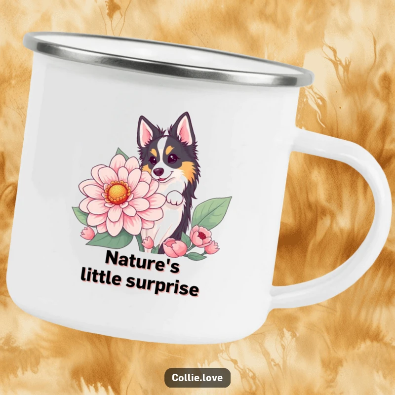 Funny Collie flower peek camping mug, ideal for outdoor adventures. Durable and humorous funny gift.