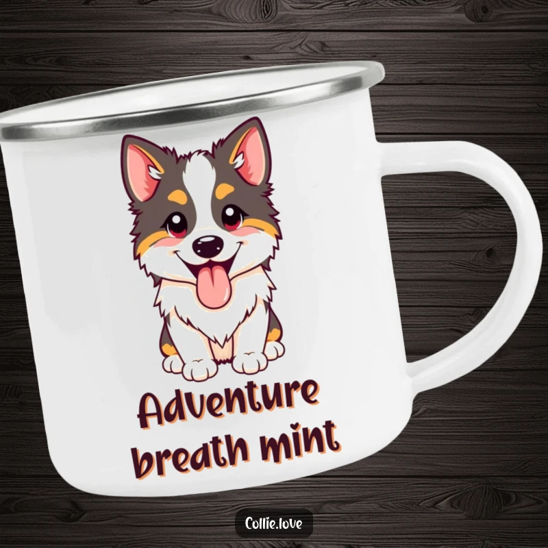 Funny happy Collie panting camping mug with its tongue out. Durable and humorous funny gift.