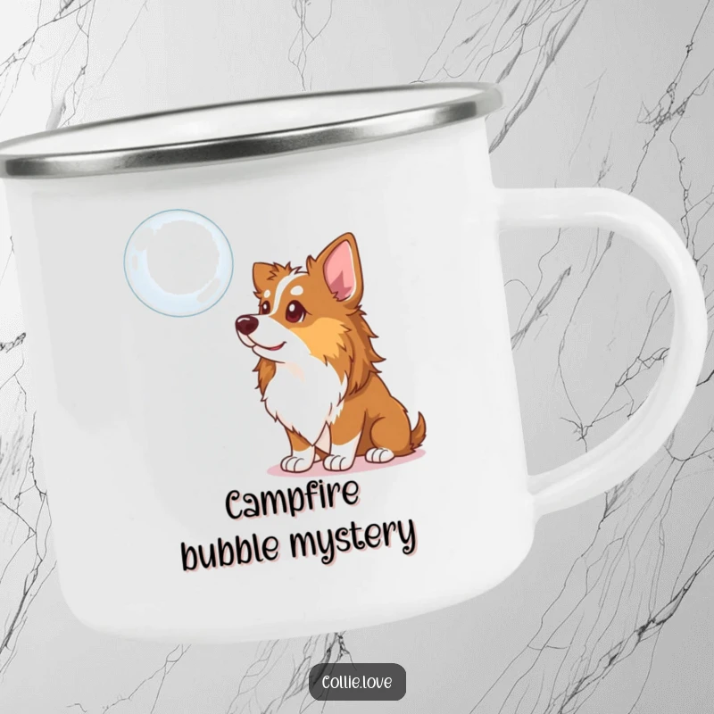 Funny Collie Dog Camping Mug: A curious Collie intently watching a bubble, designed for durability and outdoor amusement with a humorous touch.