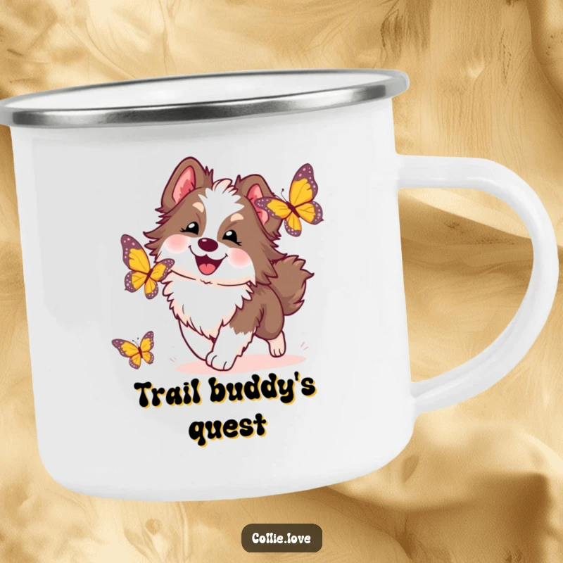 Funny Collie Dog Camping Mug: A fluffy Collie joyfully chasing a butterfly, designed for durability and outdoor amusement.