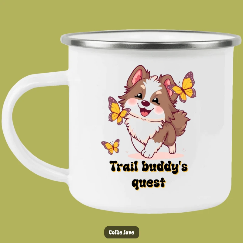 Funny Collie Dog Camping Mug: Durable and Humorous Butterfly Chase for Outdoor Fun
