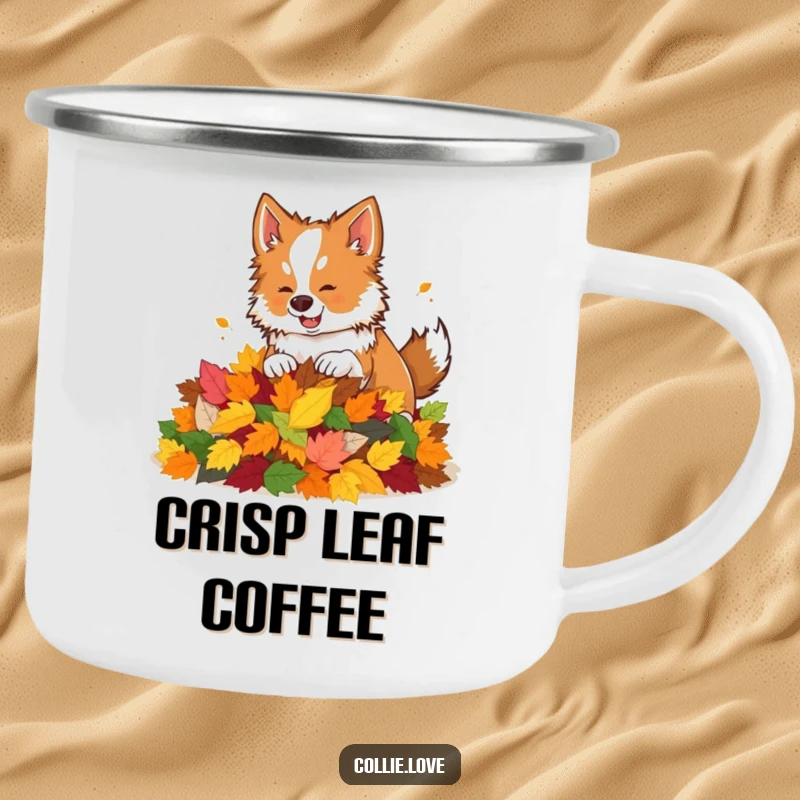 Funny enamel camping mug with a Collie dog playfully nudging a pile of colorful autumn leaves.