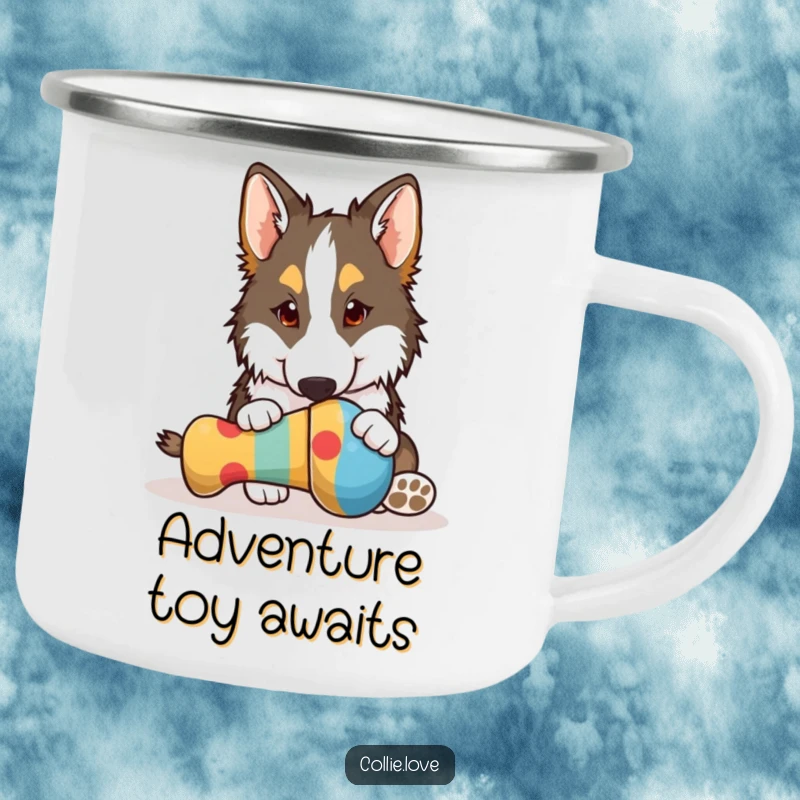 Funny Collie camping mug, playfully nudging a bright dog toy with its nose, great funny gift.