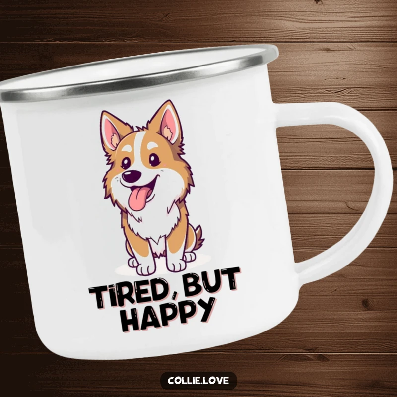 Funny Collie camping mug, tongue lolling out, happily panting after a run, perfect outdoor funny gift.