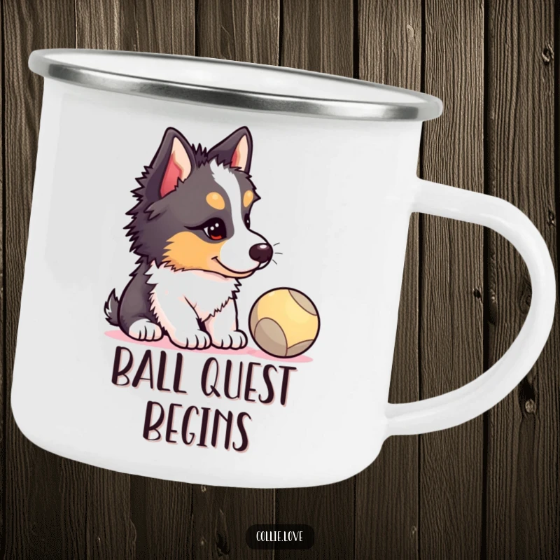 Funny Collie puppy camping mug, head tilted, eyes locked on a ball, showing hilarious canine concentration, perfect outdoor funny gift.
