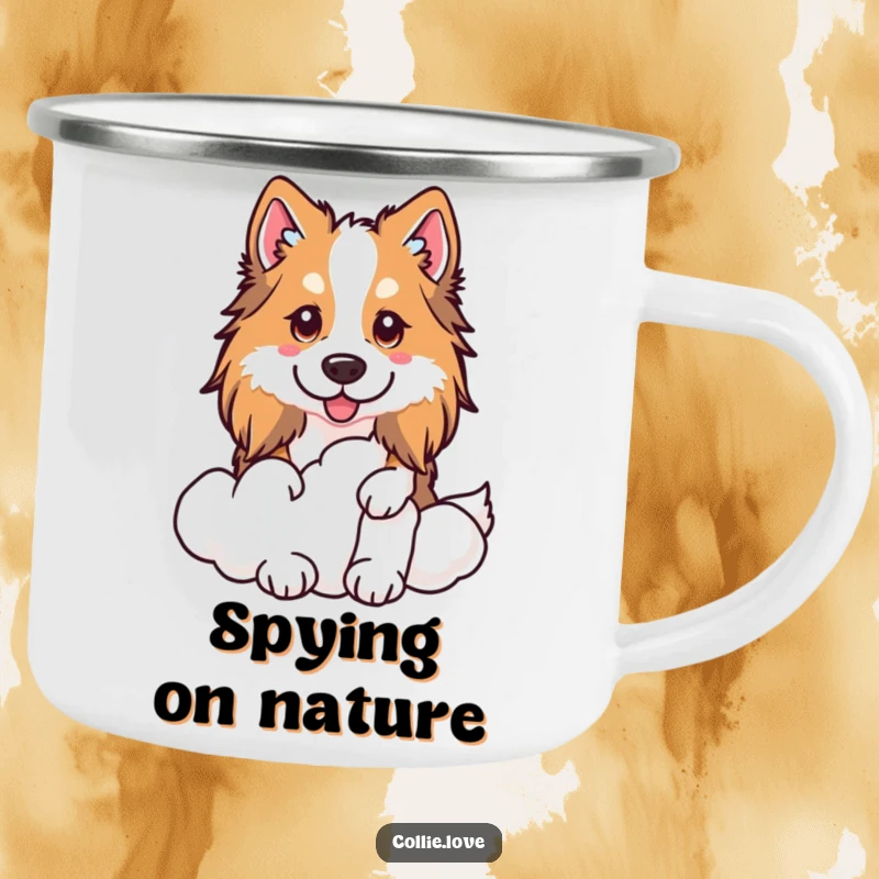 Funny Kawaii Collie Camping Mug, a dog peeking from a cloud, great for outdoor use.