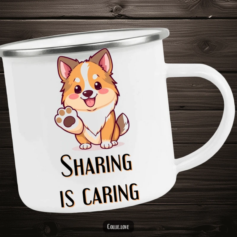 Funny Kawaii Collie Camping Mug, a dog offering its paw with a smile, great for outdoor use.