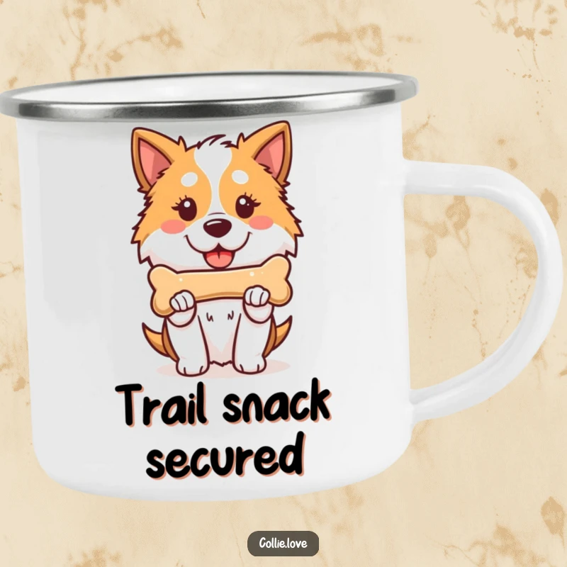 Funny Kawaii Collie Camping Mug, a proud dog holding a bone, perfect for camping or outdoor use.