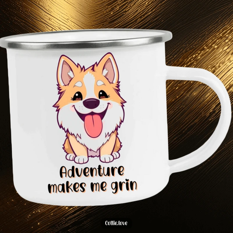 Funny Kawaii Collie Camping Mug showing a dog’s silly grin and lolling tongue, great for camping and humor.