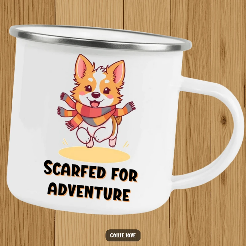 Funny Kawaii Collie camping mug depicting a joyful dog wearing a colorful scarf, perfect for outdoor drinks.