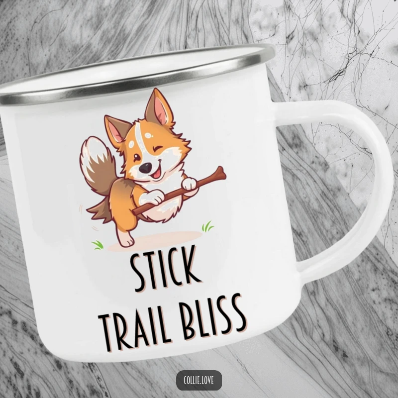 Funny Collie dog camping mug, tail wagging, holding a stick, ready for adventure, embodying outdoor spirit and doggy fun.