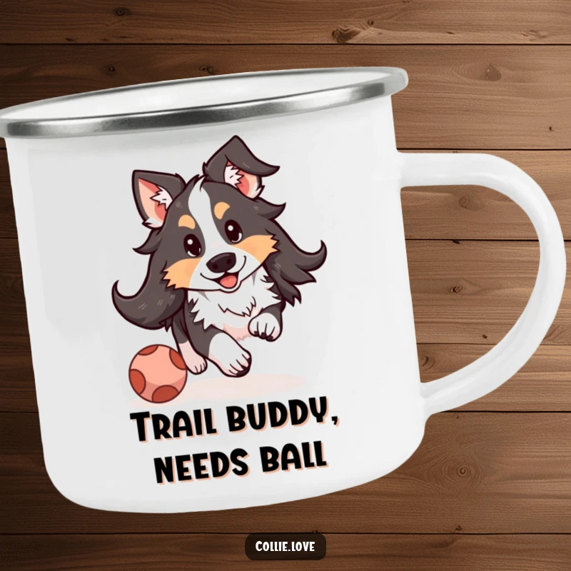 Funny Kawaii Collie camping mug depicting a floppy-eared dog chasing a ball, perfect for enjoying drinks outdoors.