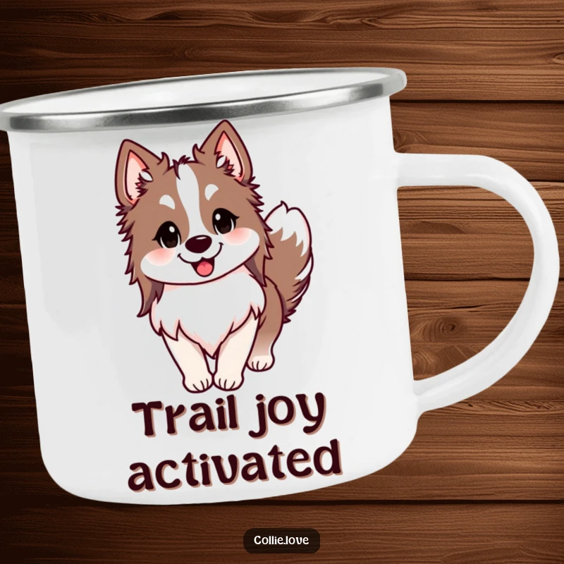 Funny Collie camping mug, ears perked, tail wagging with pure delight, and a happy smile, perfect outdoor funny gift.