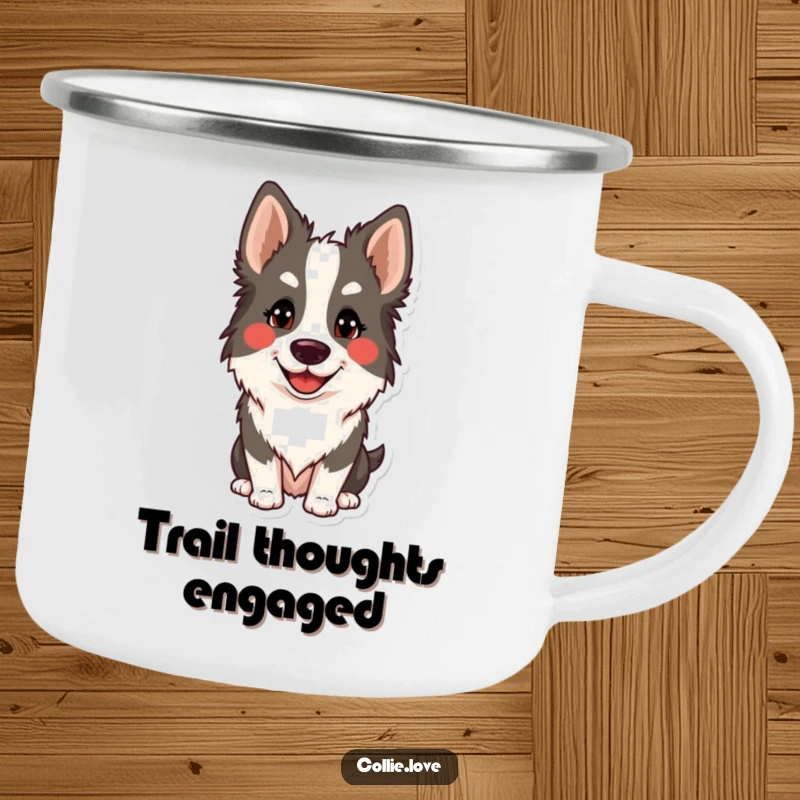 Funny Collie head tilt camping mug, perfect for outdoor adventures. Durable and humorous funny gift.