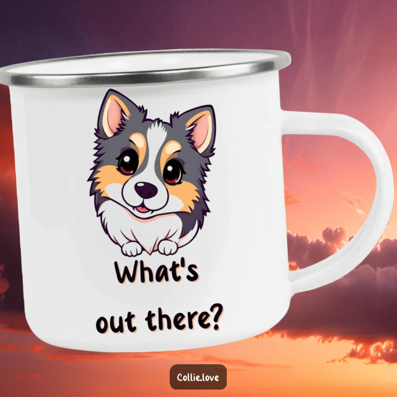 Funny Kawaii Collie Camping Mug showing a dog’s inquisitive head tilt, perfect for outdoor adventures and humor.
