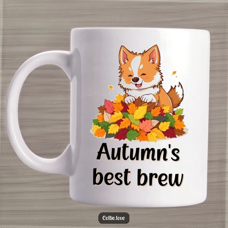 Funny mug showing a Collie dog playfully nudging a vibrant pile of colorful autumn leaves.