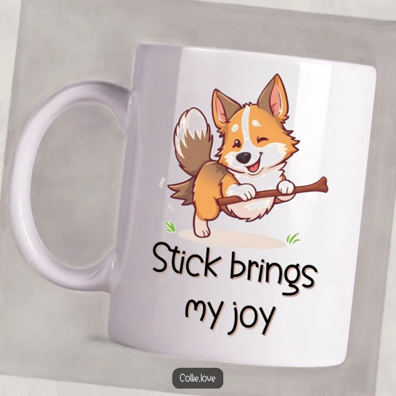 Funny Collie dog mug, tail wagging furiously, enthusiastically fetching a stick, embodying pure doggy happiness and playful energy.