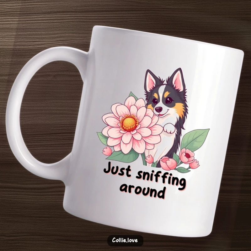 Funny Collie flower peek mug with a dog hiding behind a huge bloom. Whimsical and funny gift.