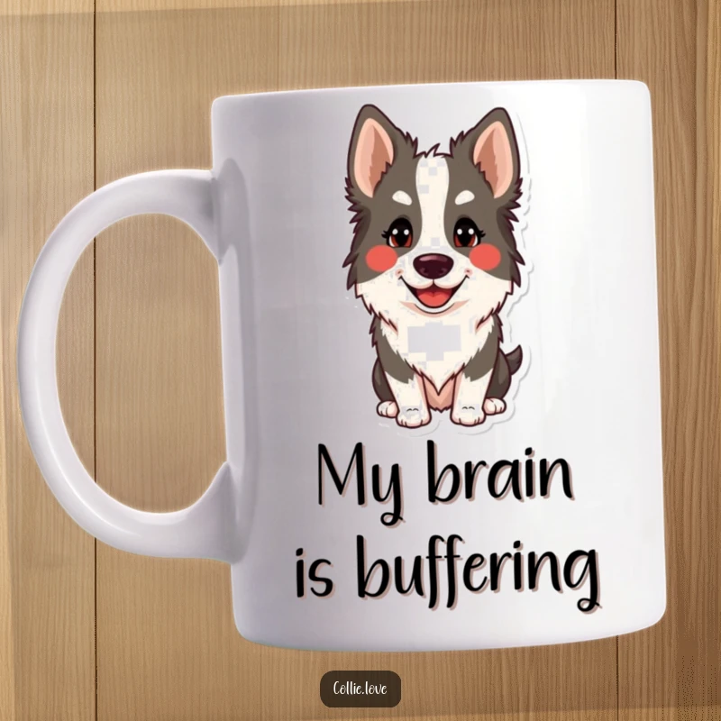 Funny Collie head tilt mug featuring a smiling dog with its head cocked adorably. Ideal gift for dog lovers.