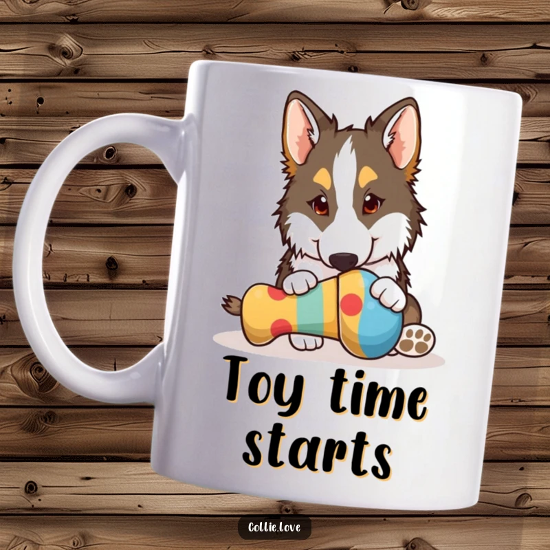 Funny Collie mug, playfully nudging a colorful dog toy with its nose, capturing a hilarious moment of canine interaction, perfect funny gift.