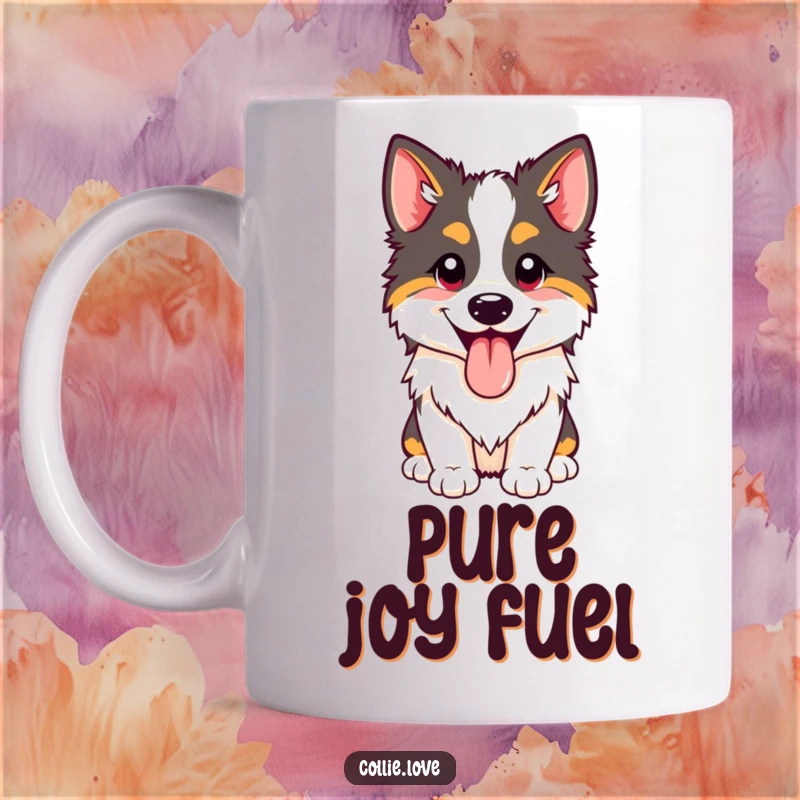 Funny happy Collie panting mug with its tongue out, showing pure doggy delight. Perfect funny gift.