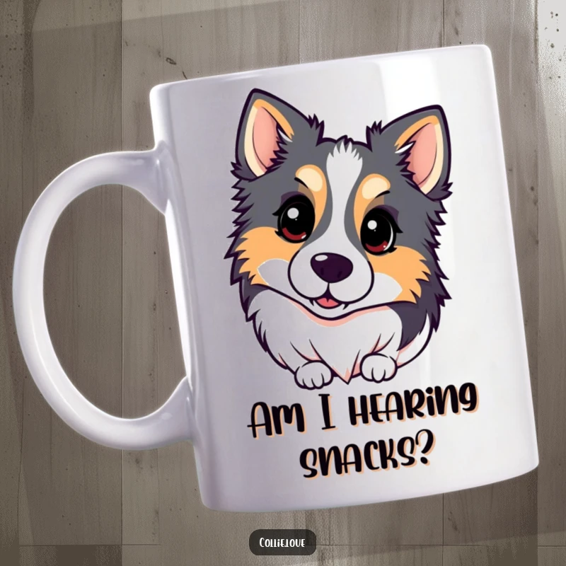 Funny Kawaii Collie Mug featuring a cute dog head tilting inquisitively, expressing curiosity and charm, a perfect gift.