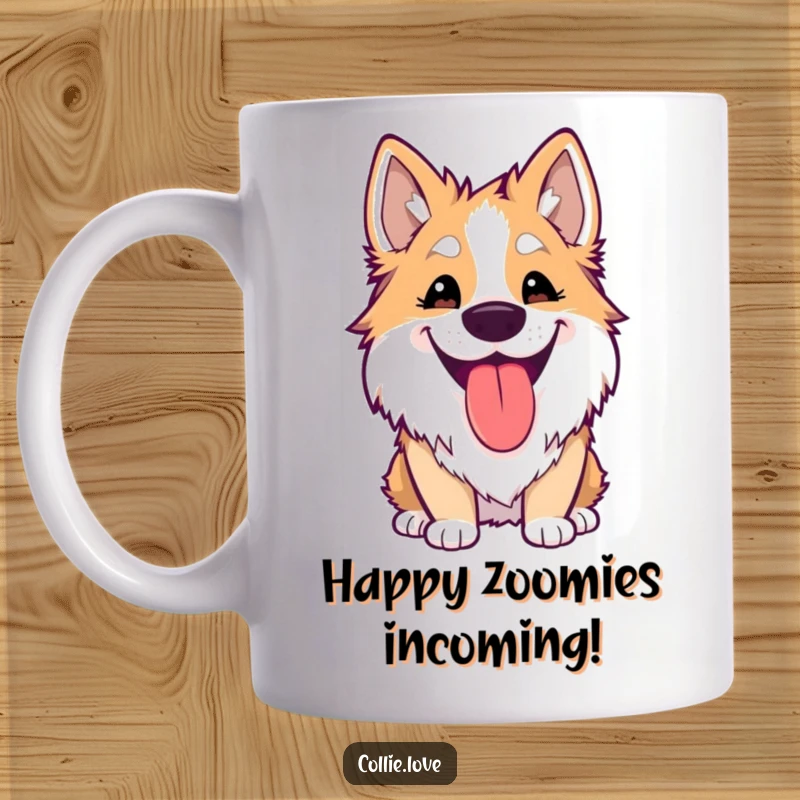 Funny Kawaii Collie Mug featuring a cute dog with a silly grin and tongue lolling out, expressing pure happiness.